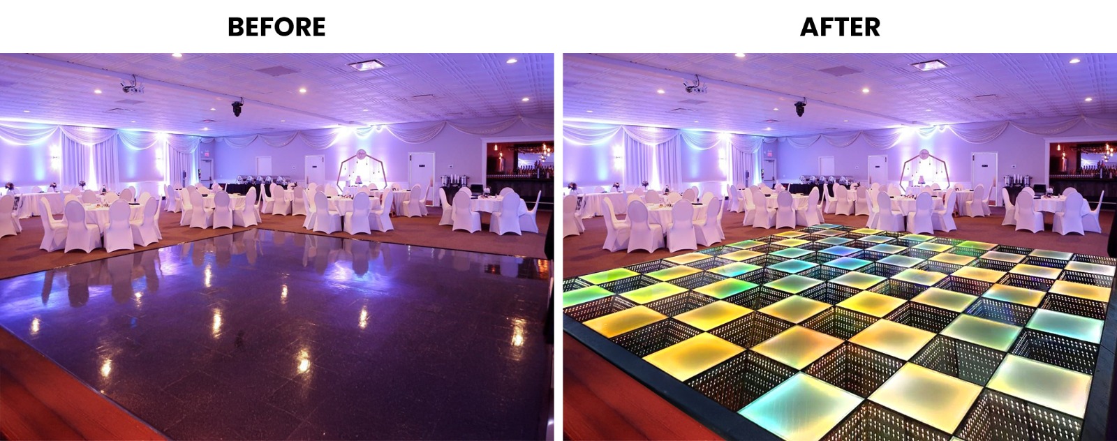 Ballroom before and after adding LED dance floor
