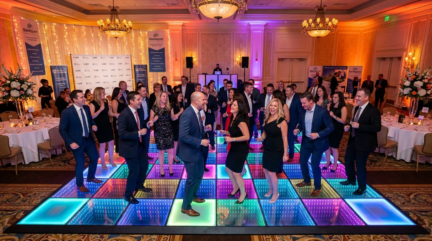 Corporate guests dancing on LED dance floor