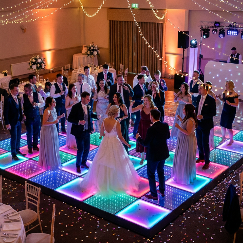 Bride and wedding guests dancing on a colourful LED Dance Floor under twinkle lights at an indoor reception.