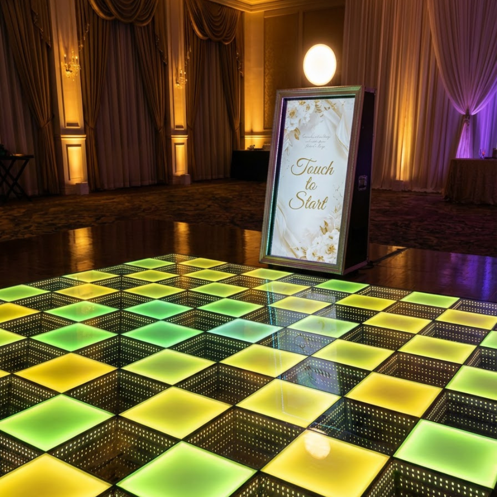 Magic Mirror Photo Booth and LED dance floor setup in Peterborough wedding venue