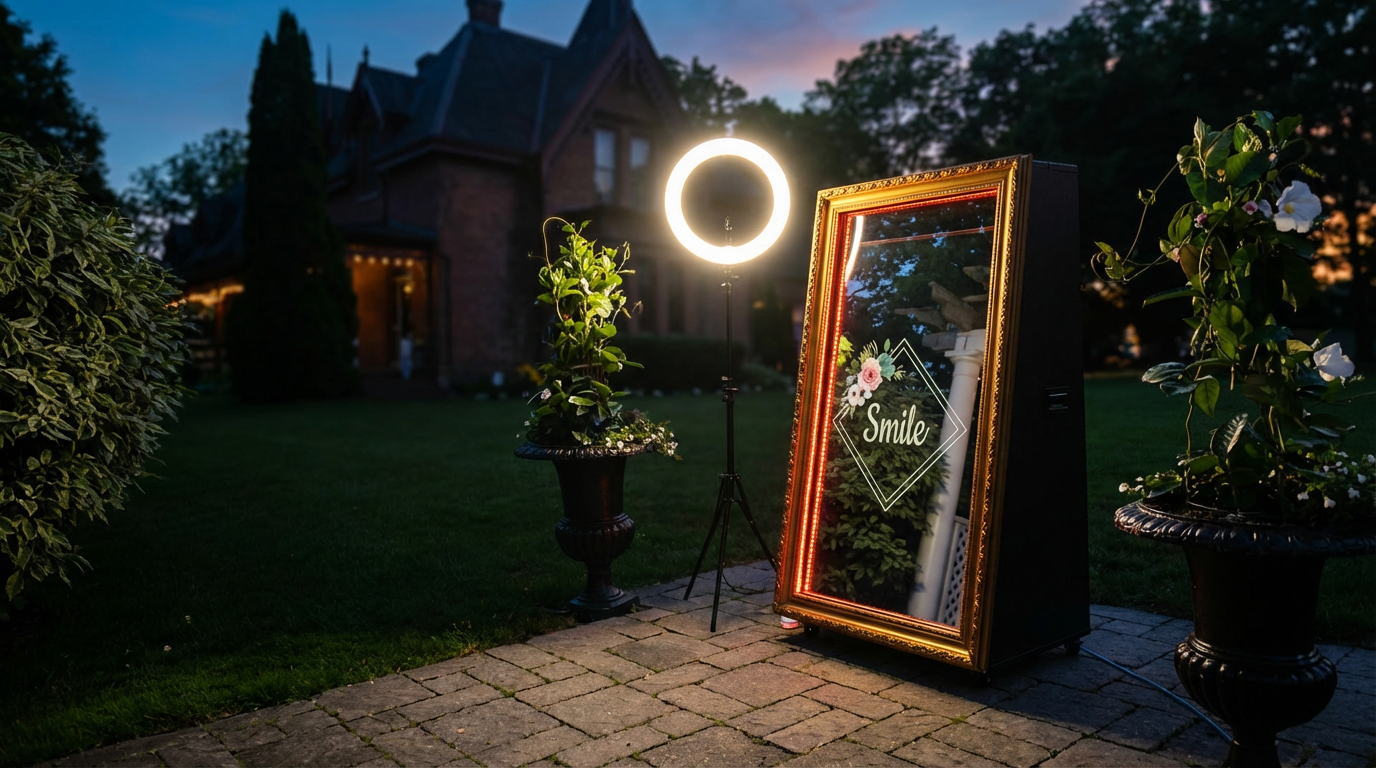 Elegant Event Guys Magic Mirror Photo Booth close-up at a wedding venue