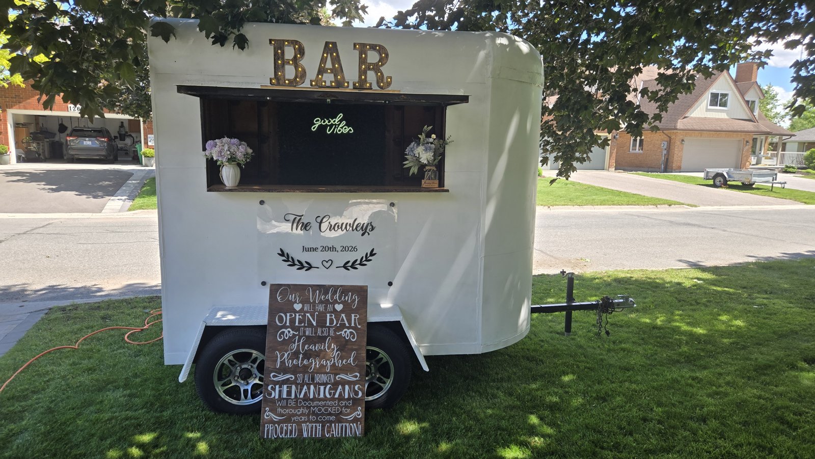 Front view of Travelling Spirits trailer bar in Hastings, Ontario